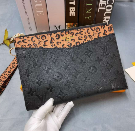 L black embossed wristlet leopard